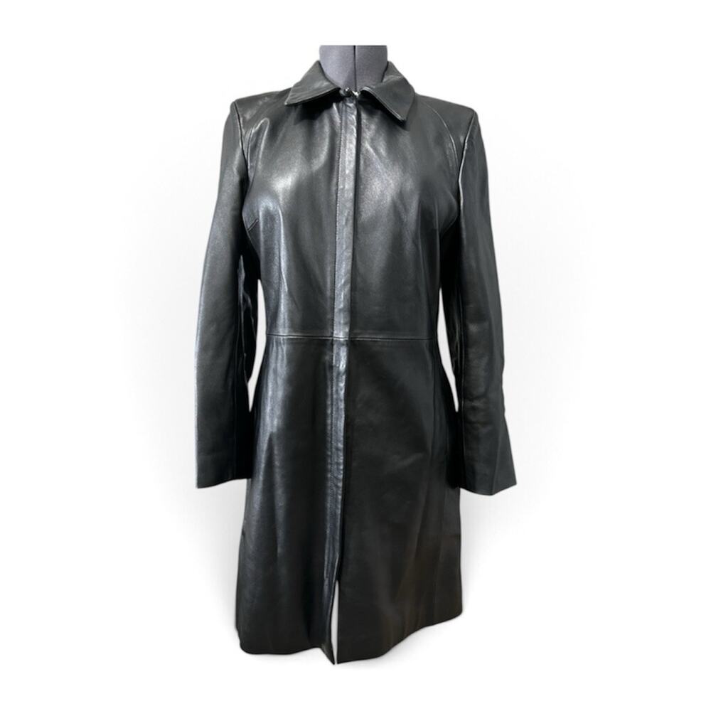Olly London Soft Leather Car Trench Coat Size Large Women Black Zip Front Lined